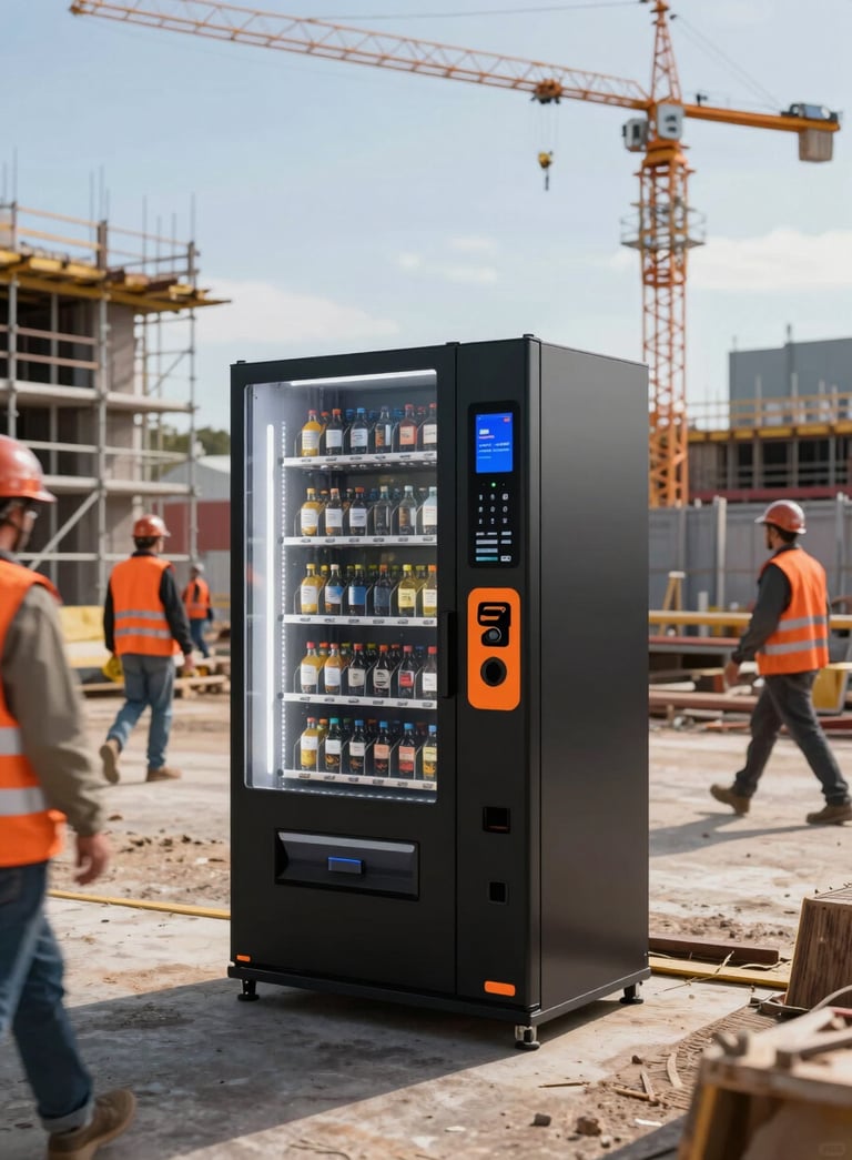 A professional wide-angle photograph of a modern, sleek black and orange smart vending machine standing on an active construction site in Oceania / Australian. Construction workers in high-visibility orange vests walk by. The background shows steel scaffolding and a crane under a clear sky.