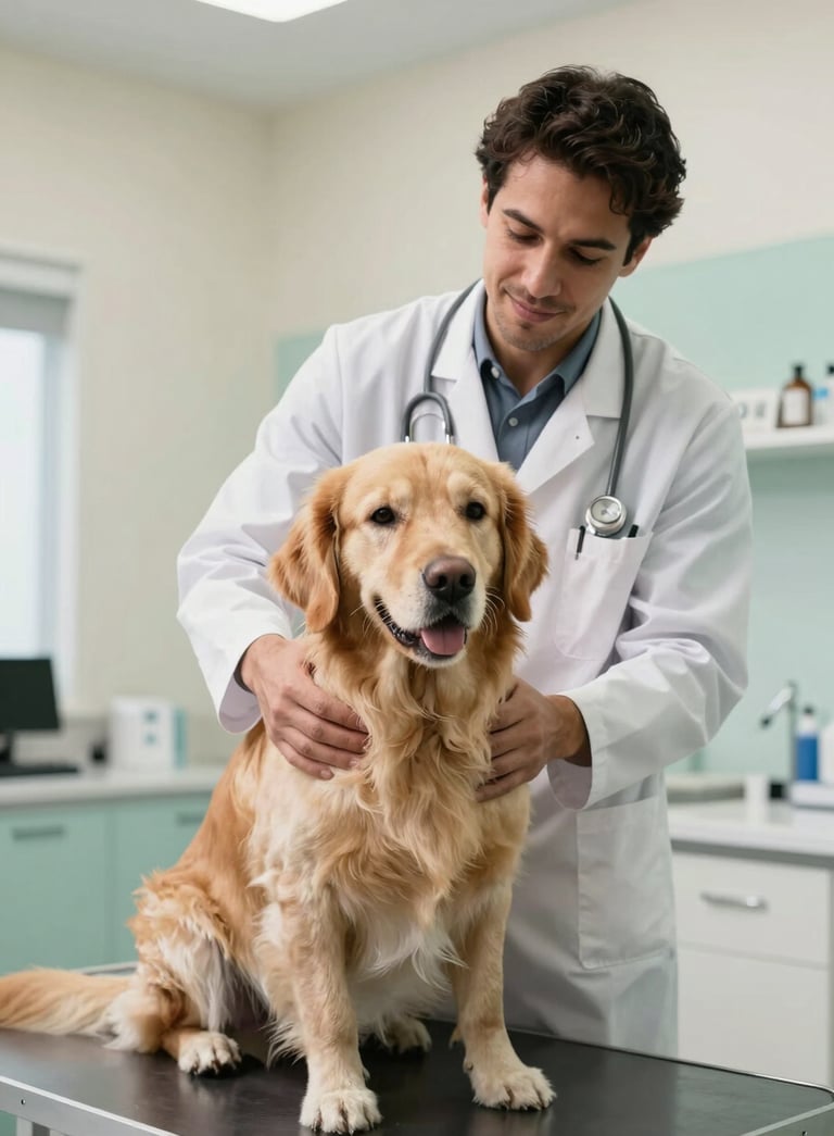 A professional veterinarian gently examining a calm golden retriever in a bright, modern Latin American / Spanish clinic, soft daylight, mint cream walls.