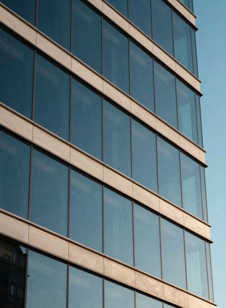 A close-up of a glass building facade reflecting a clear North American sky, emphasizing sharp geometric lines and a deep blue and off-white color palette, capturing a sense of modern infrastructure and reliability.