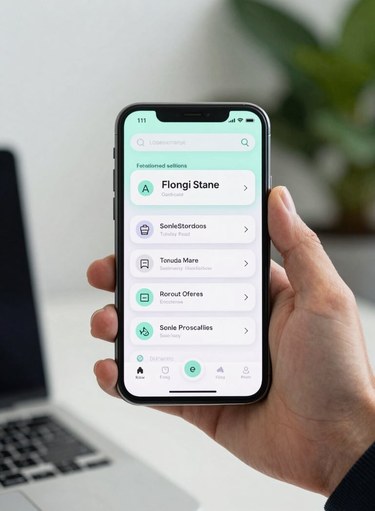 A close-up shot of a smartphone displaying a sleek, modern app interface, held by a person in a professional North American / US office environment, blurred background with soft mint white and dark forest green tones.