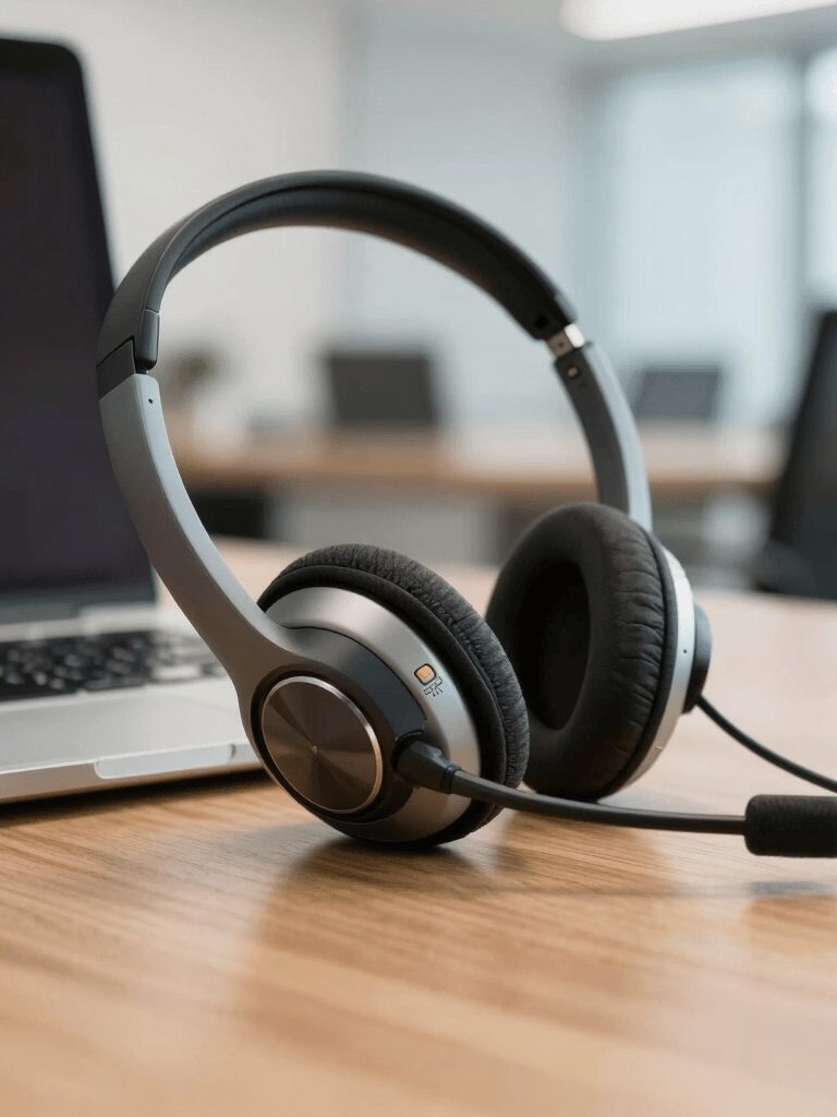 A close-up of a high-quality professional headset resting on a wooden desk next to a laptop, soft focus on a South American corporate office background, bright natural lighting.