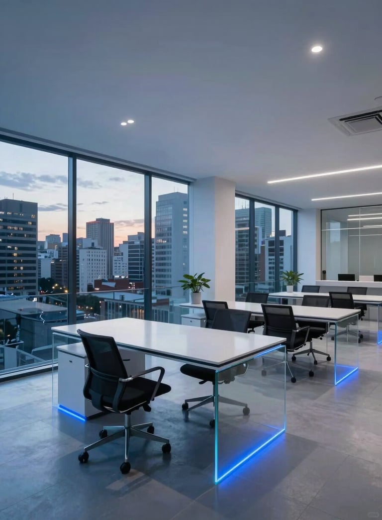 An ultra-modern, minimalist office interior in a Latin American city at dusk, featuring sleek glass furniture and soft electric blue ambient lighting, captured with a wide-angle lens.