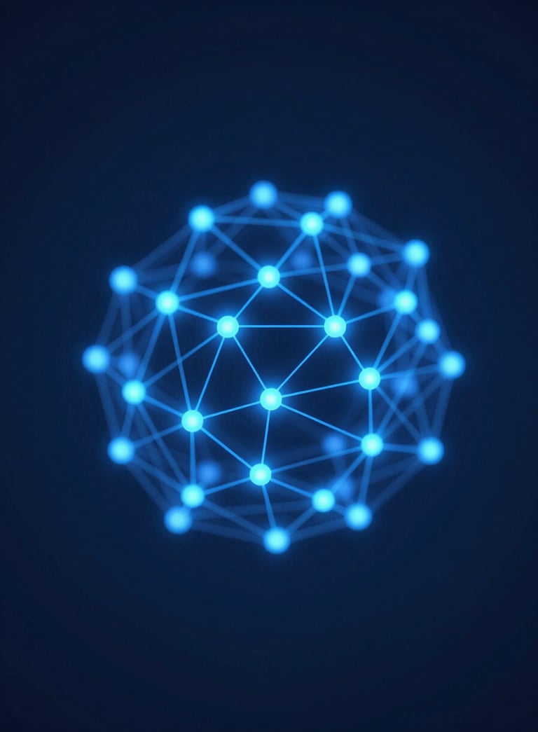 A high-tech, abstract 3D visualization of digital networks and AI nodes, glowing with electric blue (#007ACC) against a deep navy (#0F1E2E) backdrop, conveying expertise and innovation.