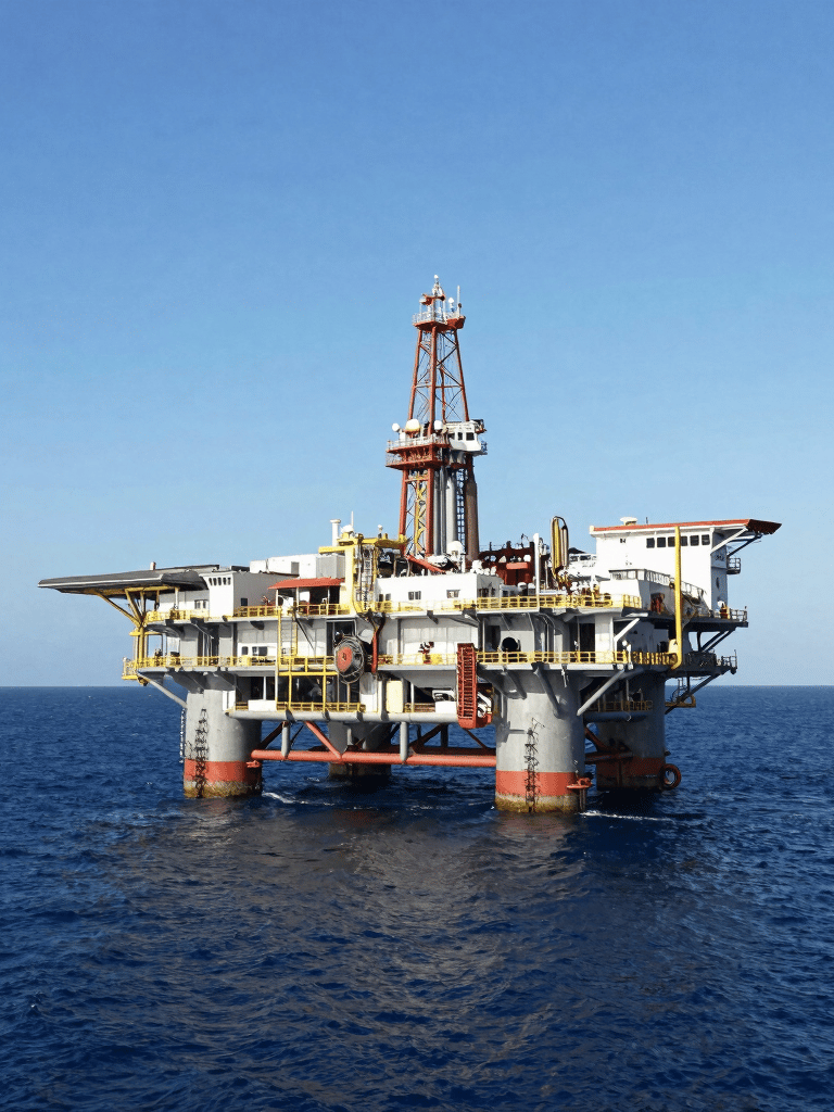 A wide-angle photography shot of a modern offshore petroleum platform in the West African gulf, illuminated by bright, clear daylight, with deep navy blue waters and a cloudless horizon.