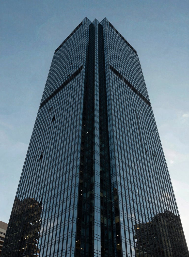 A low angle shot of a modern glass skyscraper in São Paulo, South American / Brazilian urban architecture, reflecting a clear sky, medium blue and dark charcoal blue tones, professional and trustworthy feel.