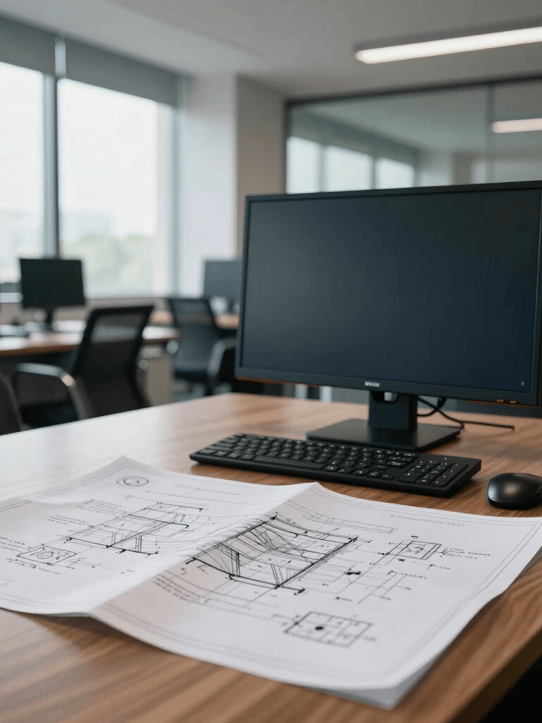 A modern engineering office in Pune, South Asian context, with technical blueprints spread across a large wooden desk and a high-end workstation, soft daylight, navy and gray tones.