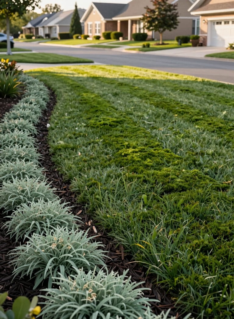 A wide shot of a perfectly manicured lawn in a North American / US suburban neighborhood. A clean-edged flower bed with sage green mulch borders a deep moss green lawn under soft morning sunlight.