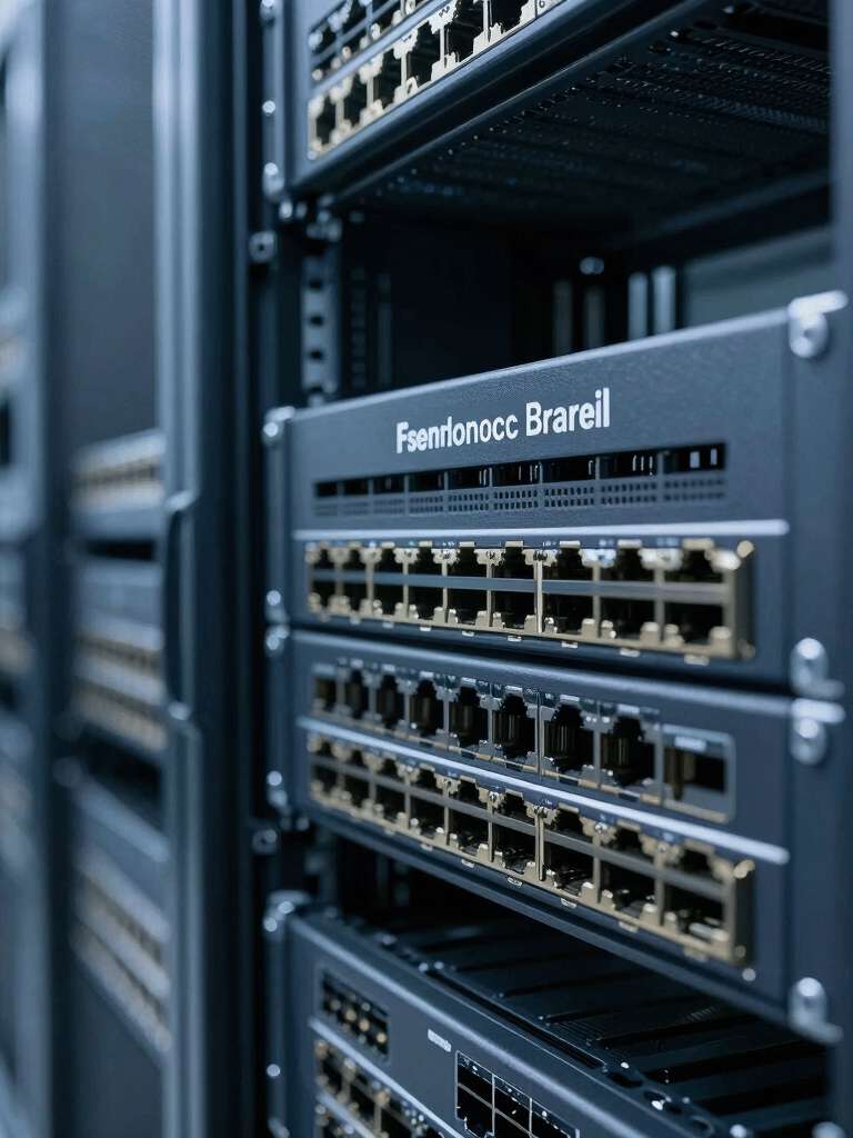 Professional close-up of high-speed network routers in a clean, modern data center in Brazil, soft blue lighting, high-tech corporate atmosphere, emphasizing agility and innovation.
