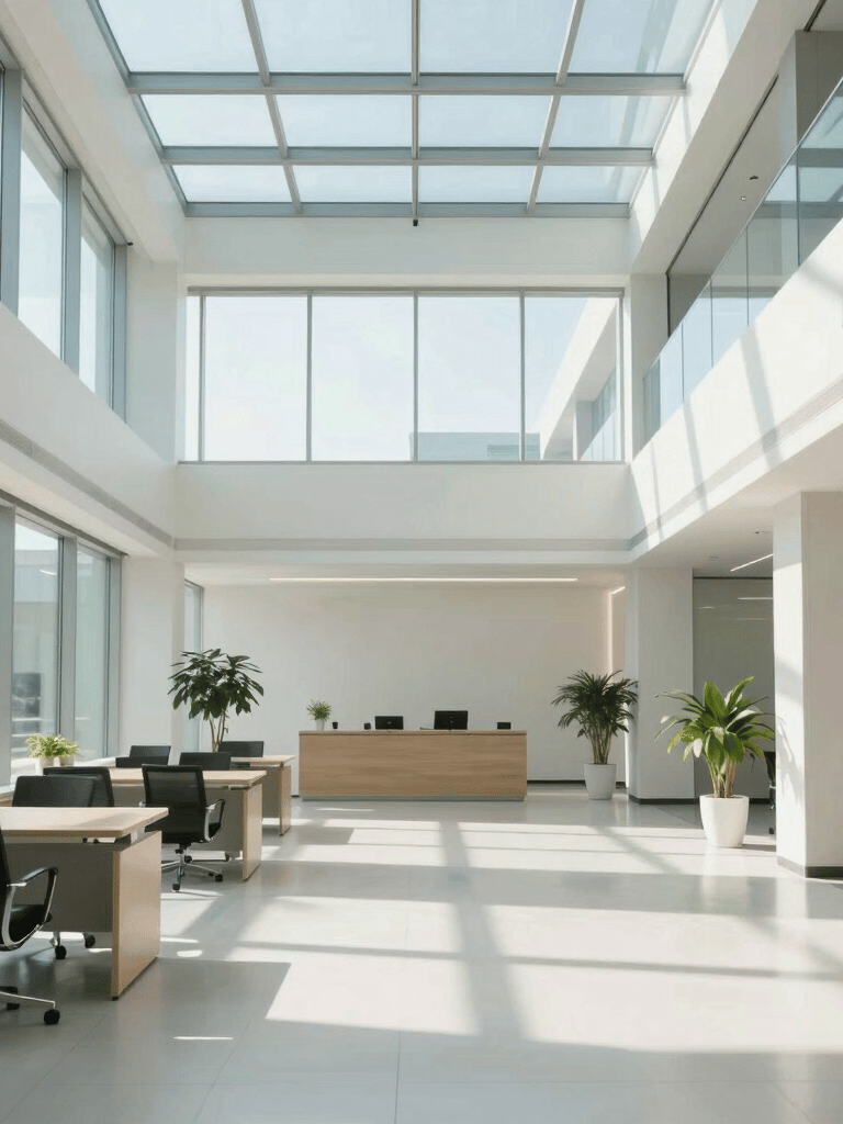 A bright, professional office lobby in North America with high glass ceilings and minimalist furniture, sunbeams illuminating the clean floor, soft tones matching a Pale Blue and Off-White palette.