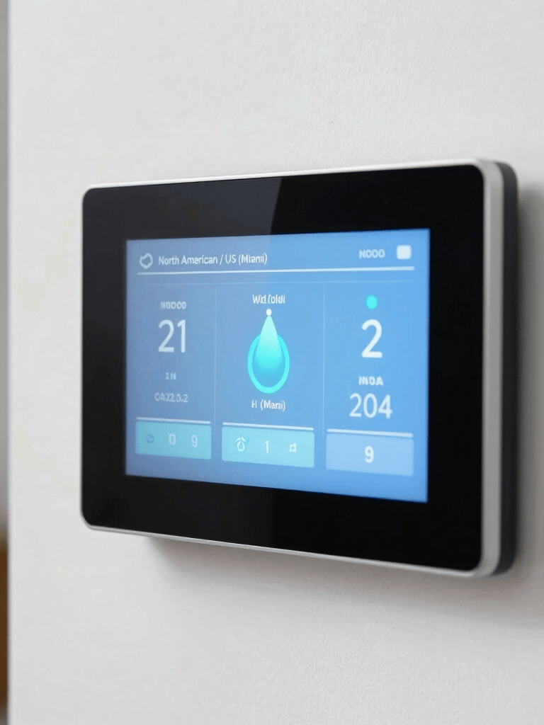 A close-up photograph of a sophisticated smart home climate control touchscreen panel mounted on a clean white wall, displaying indoor temperature status and airflow efficiency metrics in light blue and cyan tones, North American / US (Miami) setting.