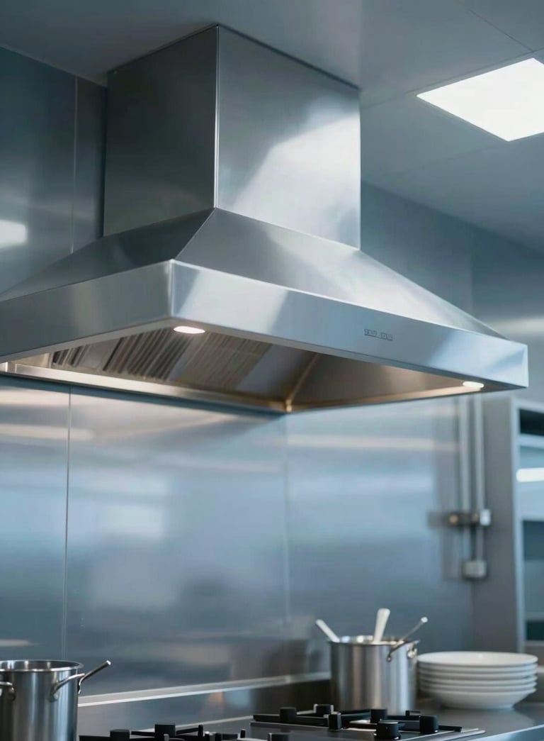 A pristine, high-end commercial kitchen hood in a Toronto restaurant, polished surfaces reflecting soft ambient light, clean modern aesthetic using #F5F7F8 and #3A607C tones.