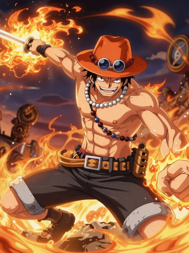 Vibrant anime scene featuring Luffy from One Piece ready for battle with his iconic straw hat and fiery background.