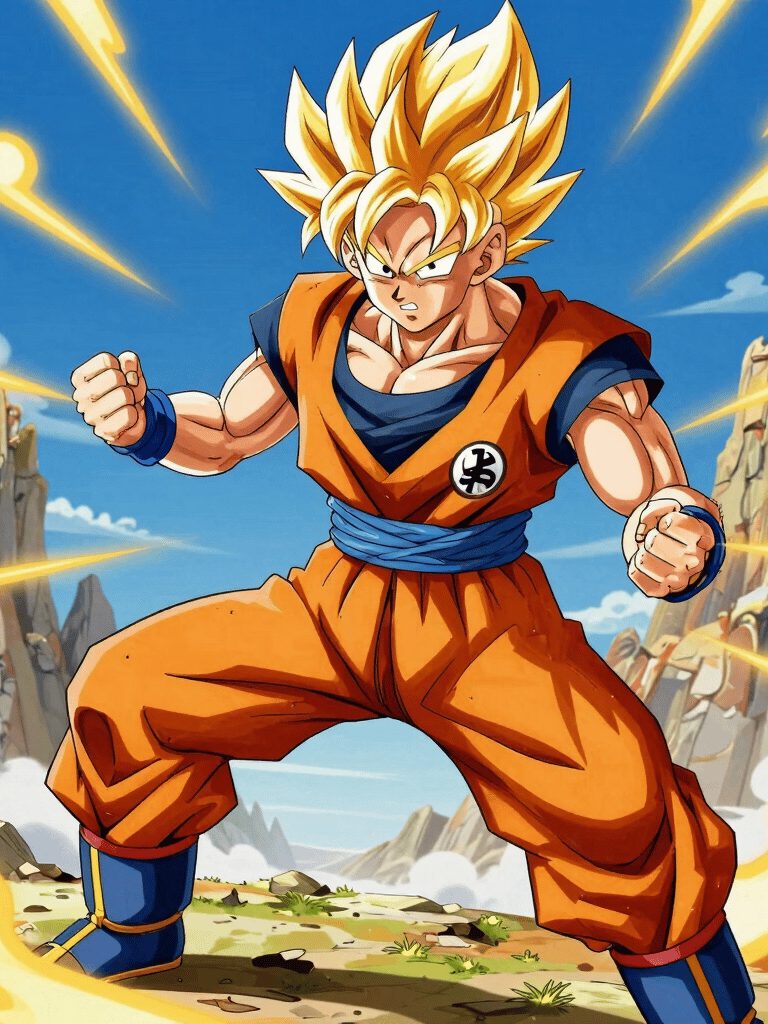 Dynamic illustration of Goku from Dragon Ball powering up with glowing red and black energy swirling around him.