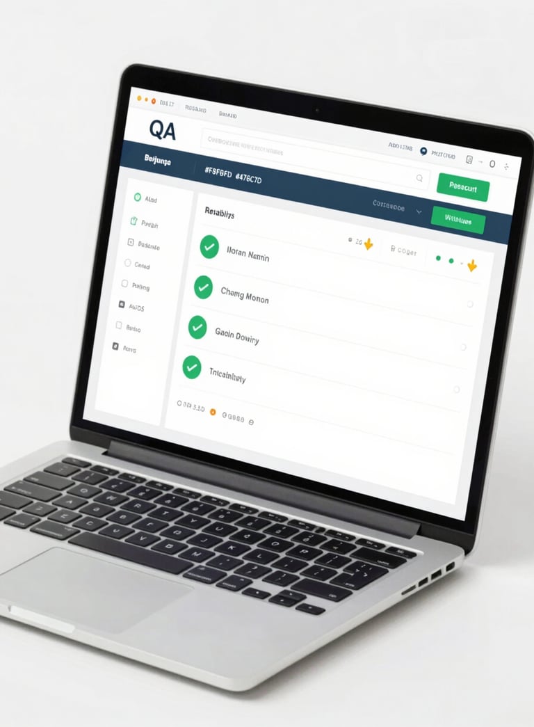 A close-up shot of a high-end laptop screen displaying a clean, professional QA dashboard with green checkmarks and success indicators. The workspace is white and minimalist, reflecting a modern and cutting-edge reliability, with primary colors being shades of #F8FBFD and #476C7D.