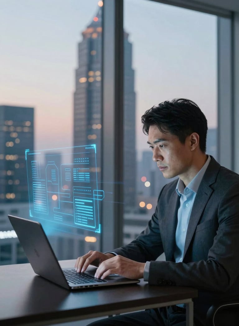 A professional looking at a laptop in a high-rise North American office at dusk. The reflection of city lights and a subtle digital interface projection in soft powder blue tones create a tech-inspired, intelligent atmosphere.
