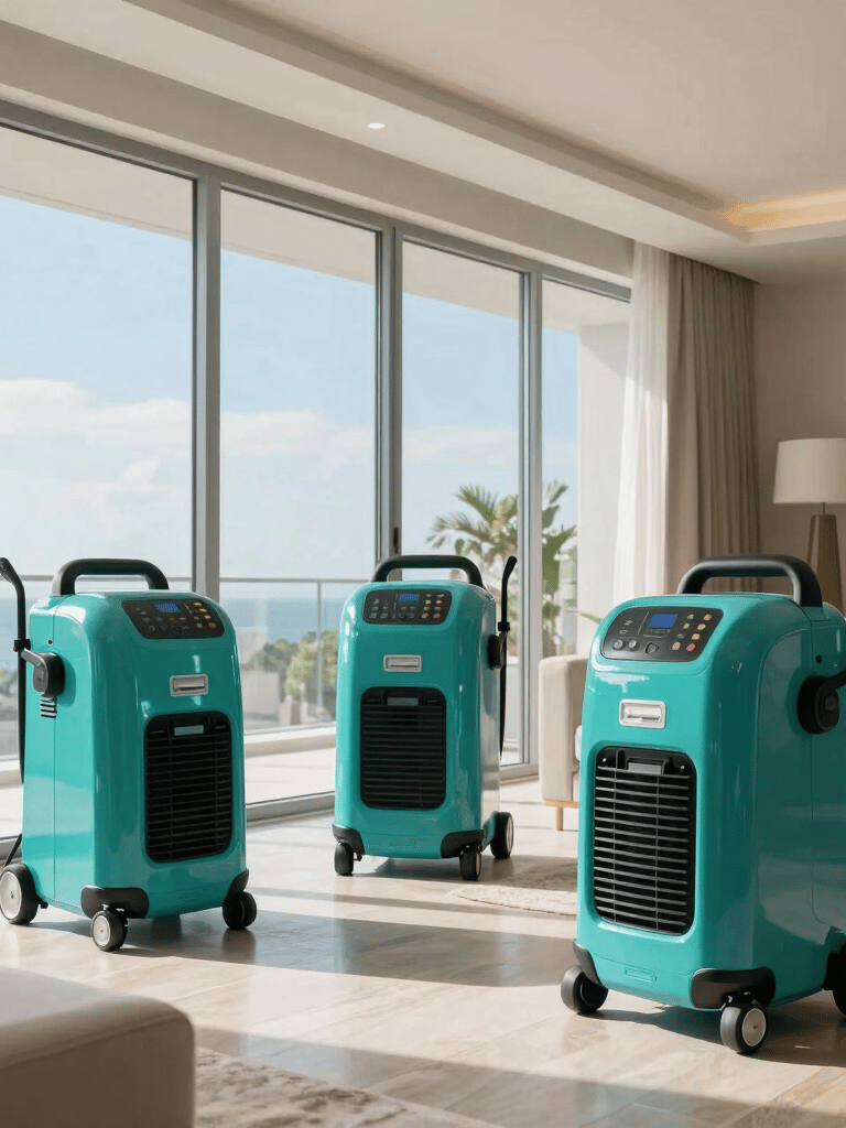 A high-end Miami living room featuring floor-to-ceiling windows, where professional water restoration equipment including teal-colored air movers are strategically placed. The lighting is crisp and natural in this South Florida / US setting.