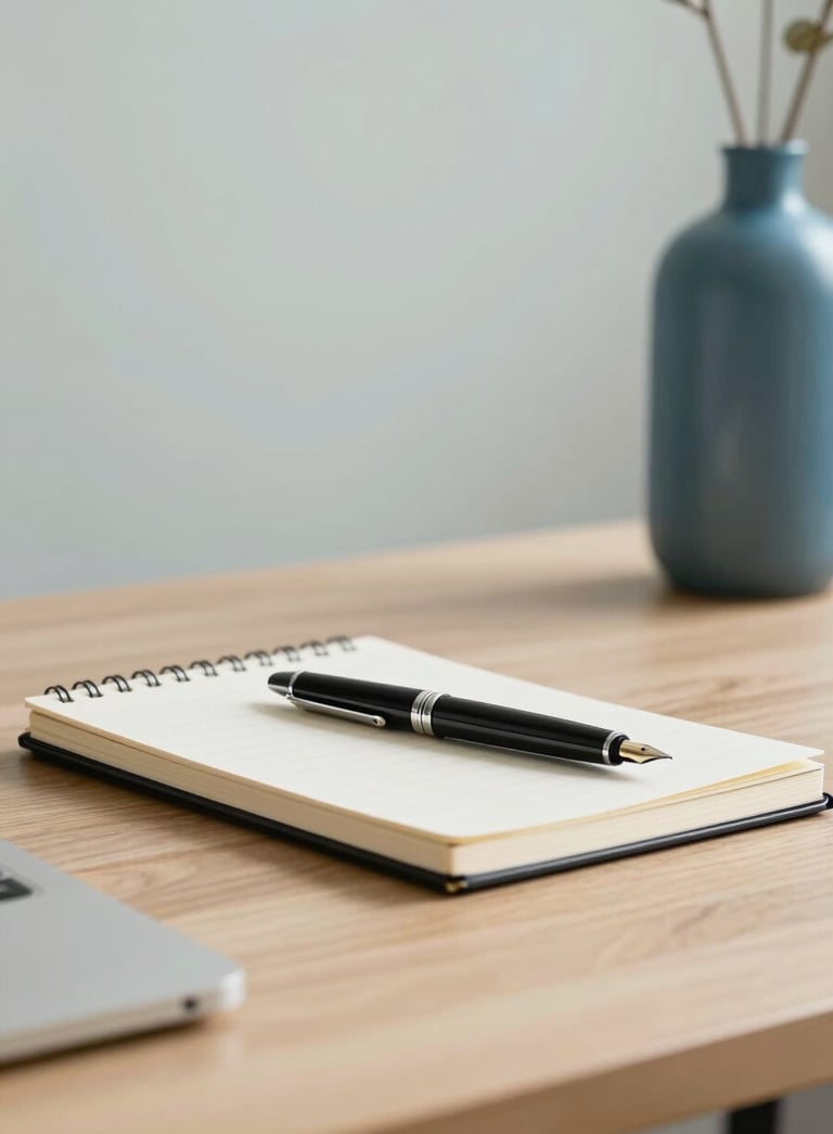 A minimalist and sophisticated office desk featuring a high-end notebook and a fountain pen. The background consists of a wall in pale mist and a decorative object in steel blue. The lighting is bright and clear, emphasizing professionalism.