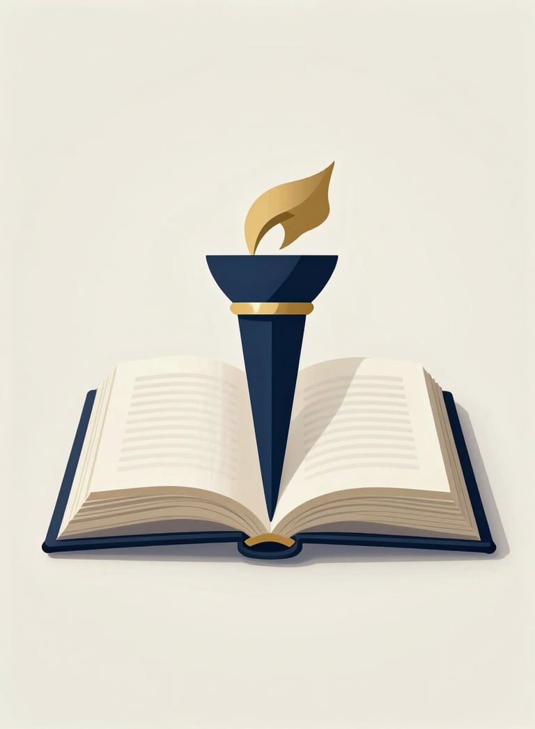 A professional and elegant logo mark featuring an open book and a stylized torch of knowledge, rendered in deep navy and gold, set against a clean off-white background.