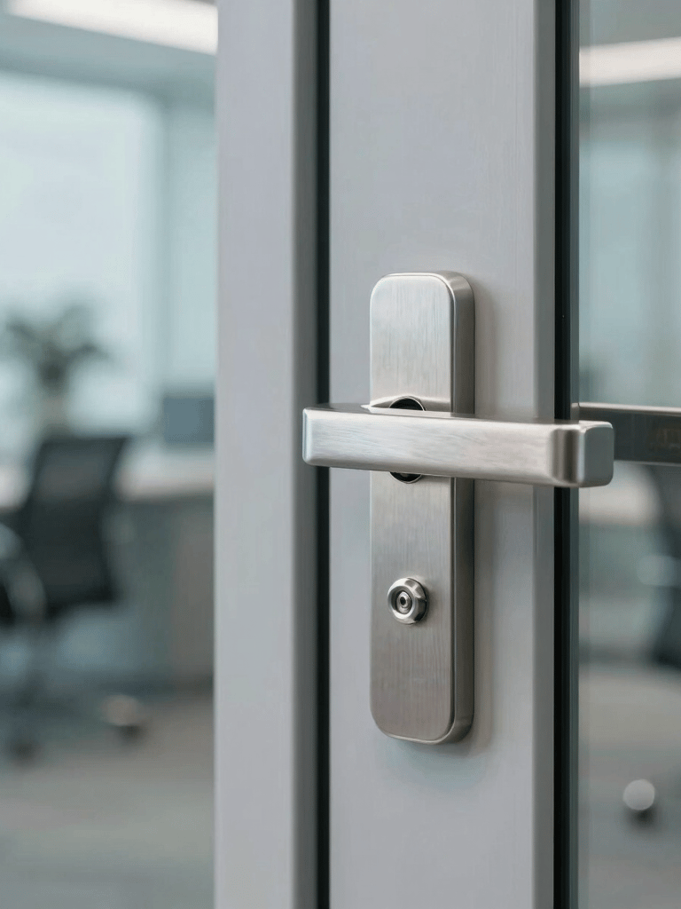 High-quality professional close-up of a modern brushed steel door handle on a sleek commercial glass door, North American / US office setting, bright daylight, professional architectural photography style, light blue and grey tones.