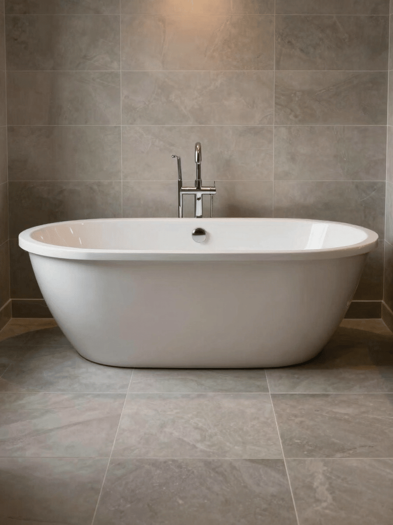 An elegant master bathroom in Los Angeles featuring a freestanding soaking tub, large soft gray floor tiles, and warm atmospheric lighting, North American style.