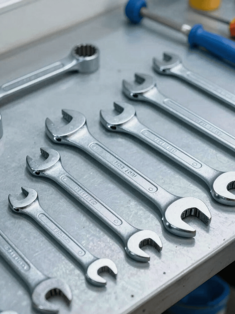 A high-quality, professional toolkit featuring various wrenches and plumbing tools neatly organized on a clean metal workbench in a North American workshop. The scene uses colors like steel blue and light blue, suggesting reliability and technical expertise.