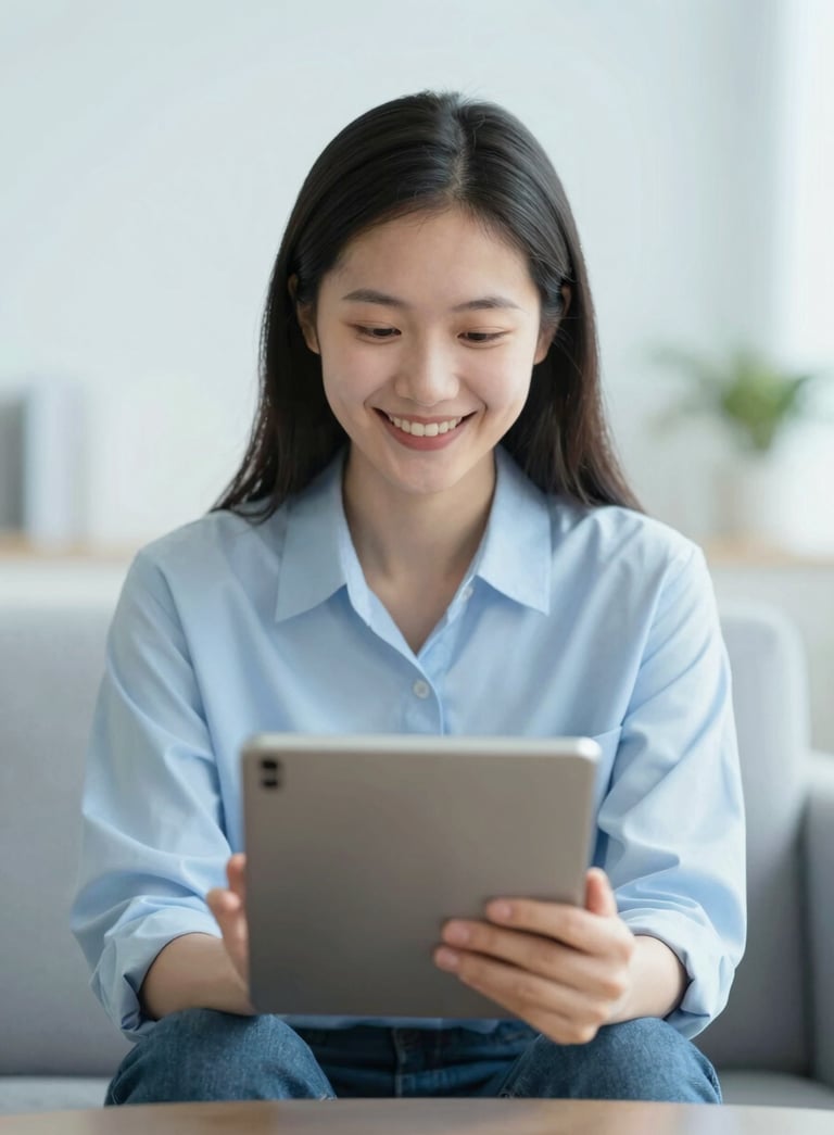 A calm person in a bright room smiling while holding a tablet during a tele-psychology session. The lighting is soft and natural, incorporating #F8FBFD and #AABCCB tones.