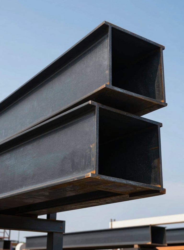 Dramatic low-angle shot of structural steel H-beams for an industrial project, charcoal black finish, precision engineering aesthetic, clear blue sky background, North American / Mexican construction site.