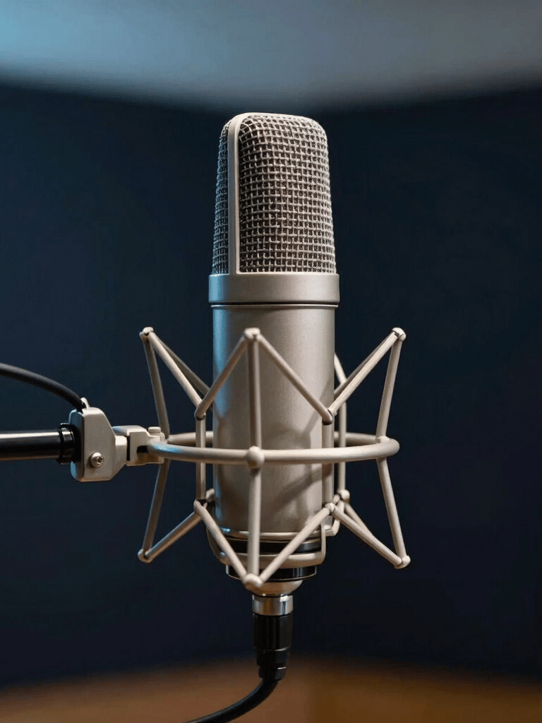 A high-end studio condenser microphone on a shock mount in a professional recording booth. Cinematic lighting with subtle sky blue and white highlights against a dark navy background. Authoritative and minimalist atmosphere. Global / International.