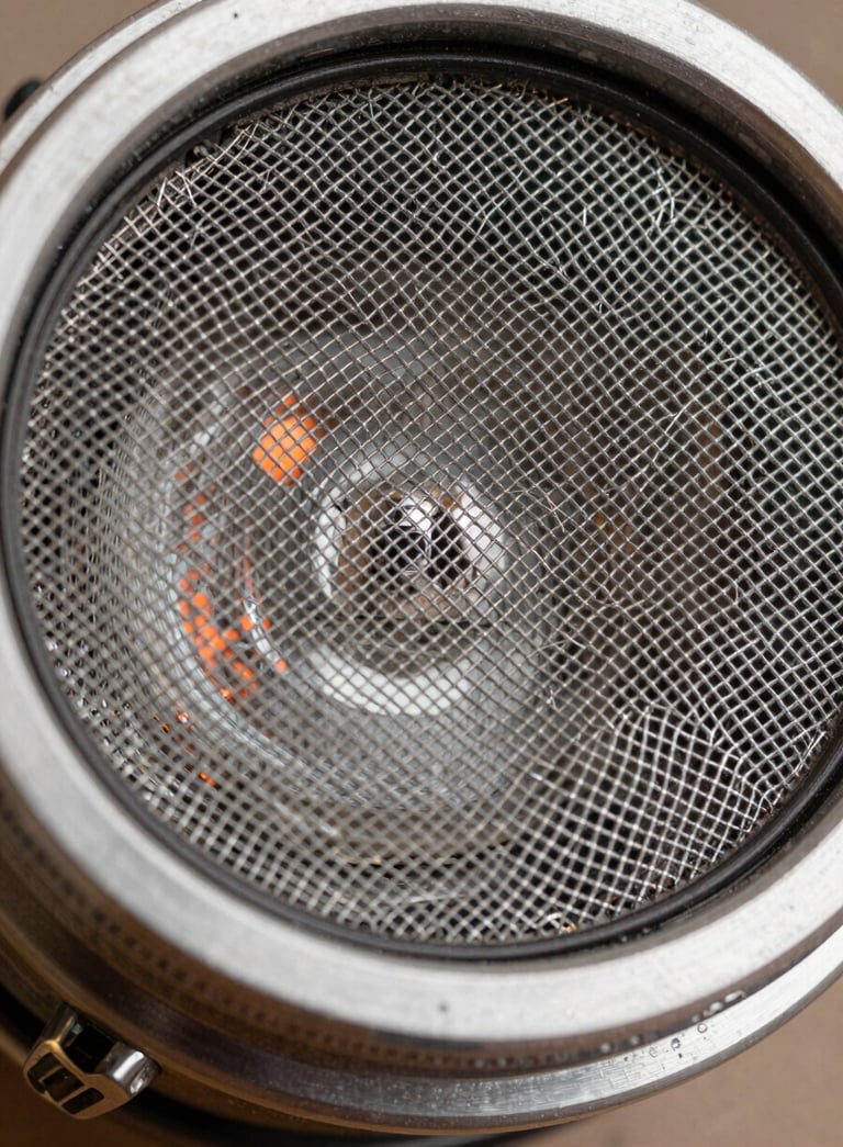 A close-up shot of a high-quality stainless steel chimney mesh filter, sparkling clean and reflecting soft orange ambient light.