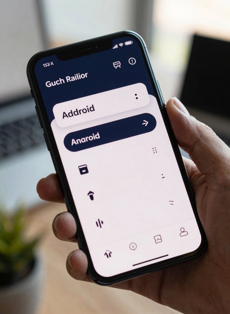 A close-up photograph of a modern smartphone displaying a fluid and sleek Android UI with dark navy and white accents, soft natural light in a tech office setting, Global / Tech-focused.