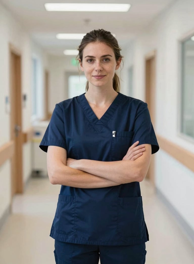 A professional registered nurse in modern navy blue scrubs, standing in a bright, modern Northern European hospital corridor with soft natural light, conveying confidence and clinical excellence.