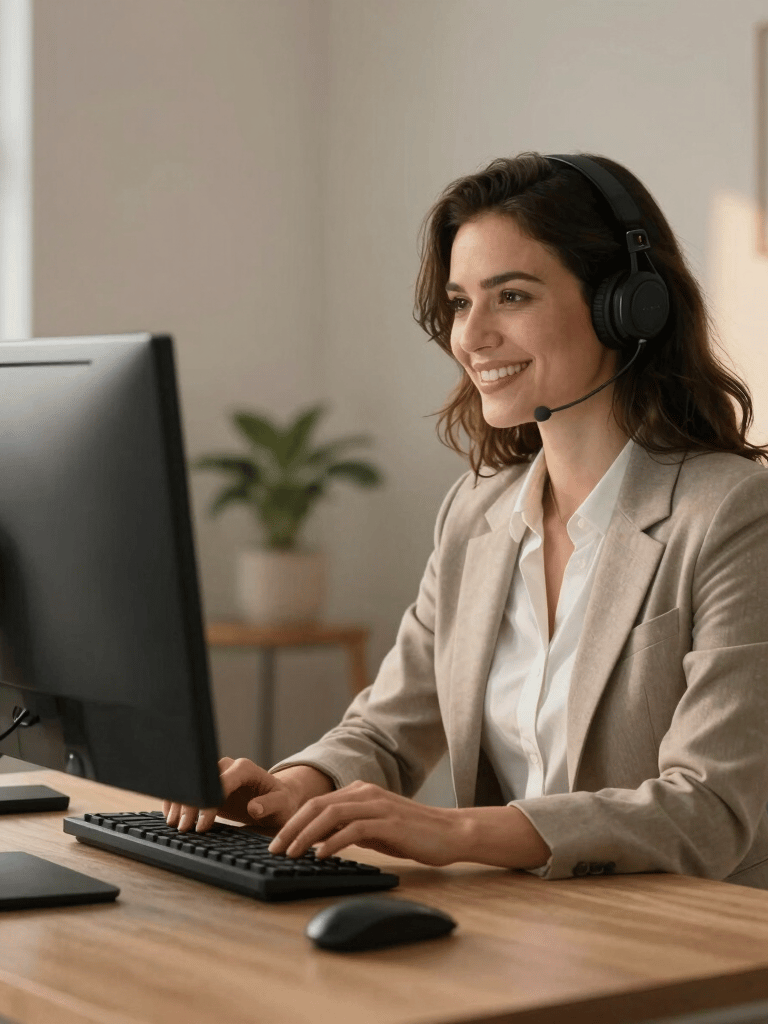 A professional portrait of a virtual assistant working in a clean, sophisticated North American home office. She is wearing business casual attire, smiling while looking at a dual-monitor setup. The lighting is warm and inviting, highlighting a trustworthy and efficient mood.