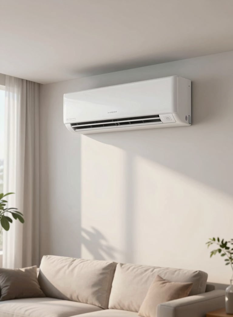 A wide photography shot of a sleek, high-end white air conditioner unit installed on a minimalist wall in a modern Brazilian living room with soft natural morning light and clean lines.