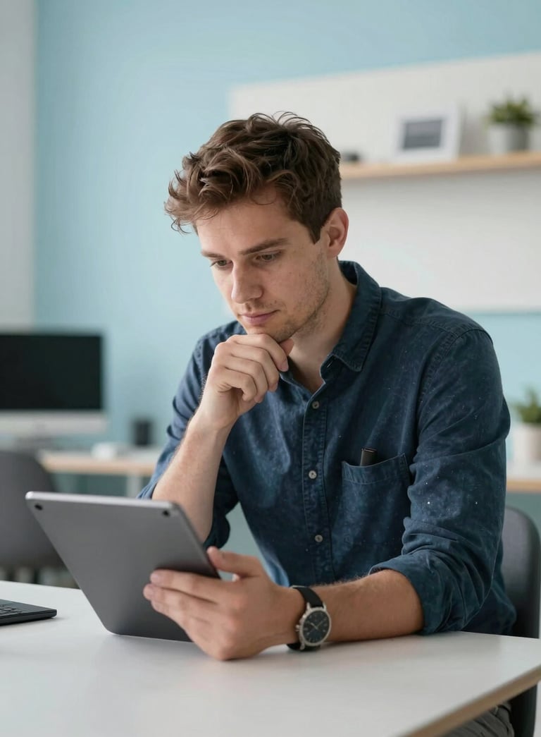 A professional portrait of a creative professional in an Eastern European / Croatian design studio, looking thoughtfully at a tablet, surrounded by light blue and white interior elements.