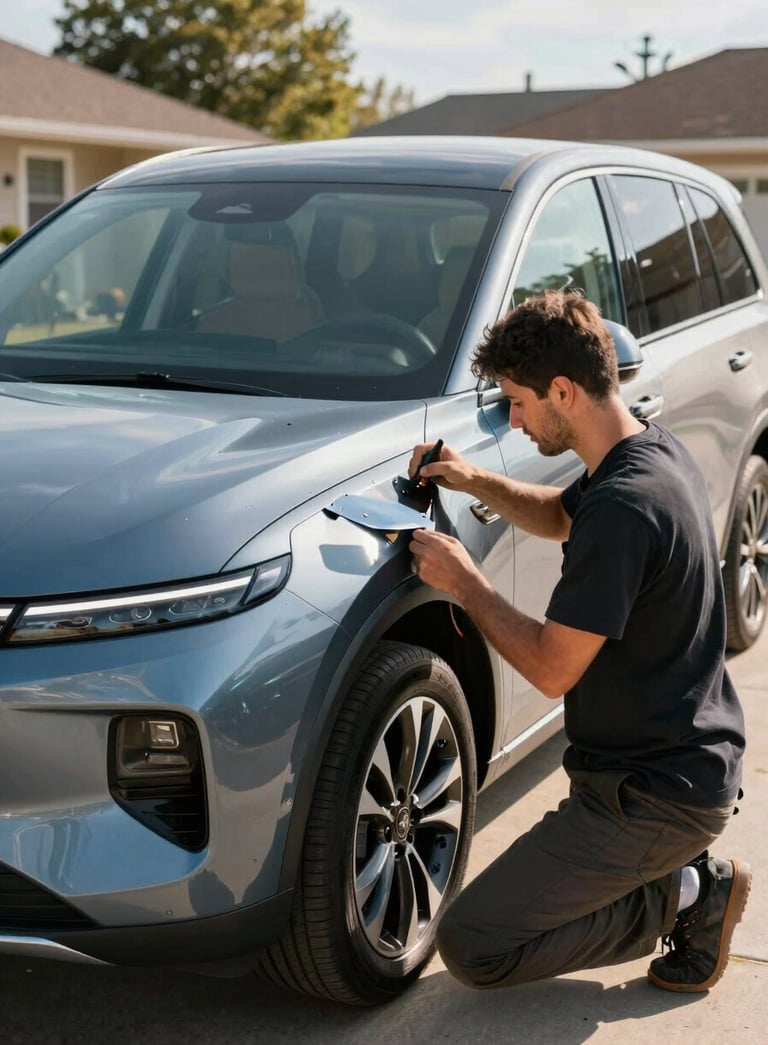 A professional mobile auto glass technician in a North American / US suburban driveway, working on a sleek modern SUV. The lighting is bright morning sun, highlighting a steel blue and off-white service van in the background.