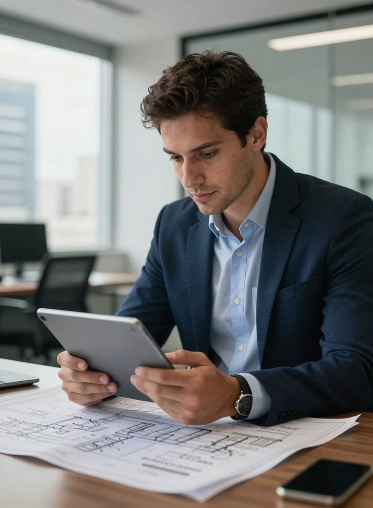 A professional South American / Brazilian engineer reviewing blueprints on a digital tablet in a modern São Paulo office, dressed in business casual attire, with steel blue and dark slate blue color accents.