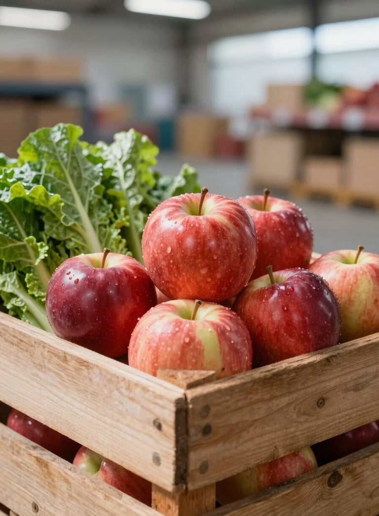 A close-up shot of a rustic wooden crate filled with premium, glossy red apples and fresh green leafy vegetables. Natural morning light emphasizes freshness and quality. The background is a clean, modern wholesale warehouse, suggesting a professional and reliable supply chain.