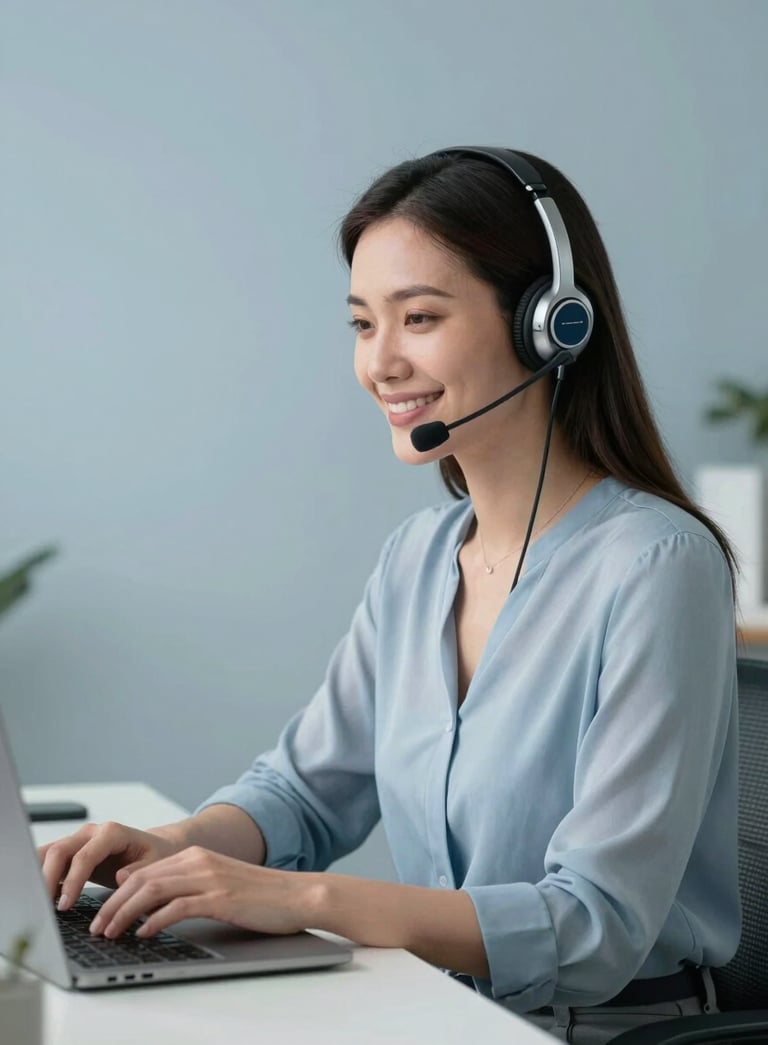 A professional portrait of a woman wearing a modern headset, smiling warmly while working from a clean, minimalist home office. The room is decorated in mist and steel blue tones with soft natural lighting.