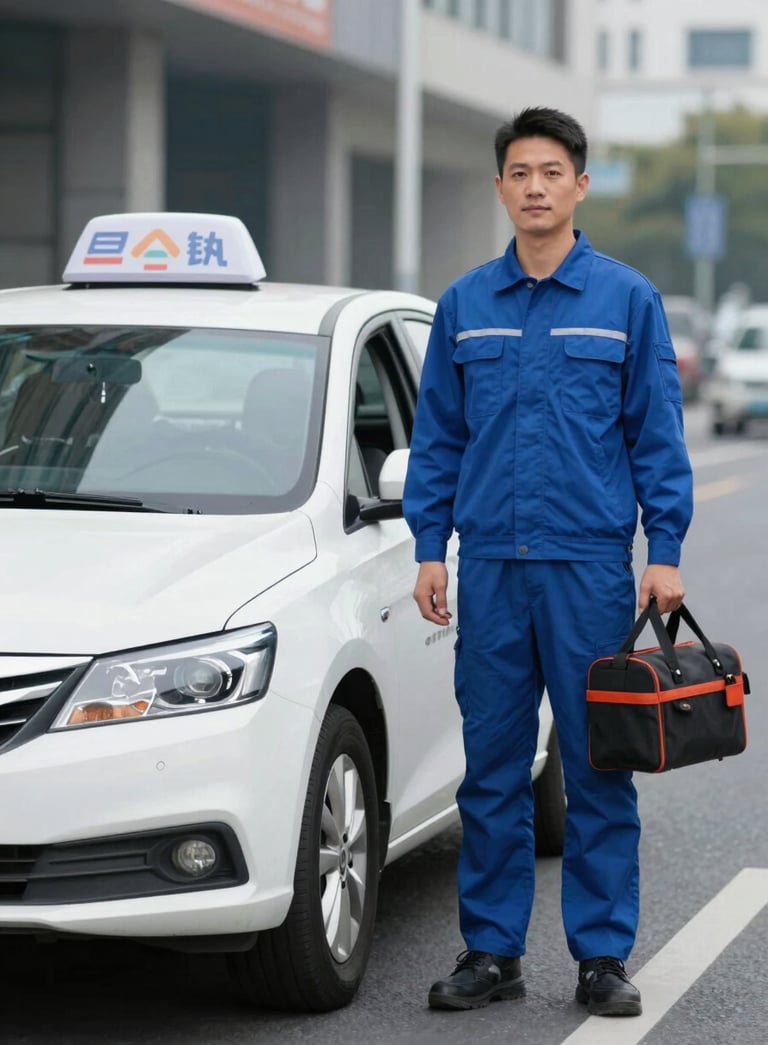 A high-resolution composite image featuring a clean white taxi sedan parked in a modern urban street and a professional electrician in a crisp blue uniform carrying a modern tool bag. The mood is efficient and trustworthy, utilizing a clean background with hints of #0C1D3F and #2A6190 in the attire and environment.