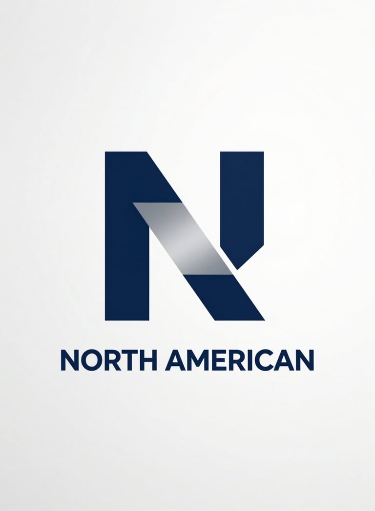 A professional minimalist logo representing innovation, featuring abstract geometric shapes in navy blue and silver on a clean ghost white background, North American aesthetic.