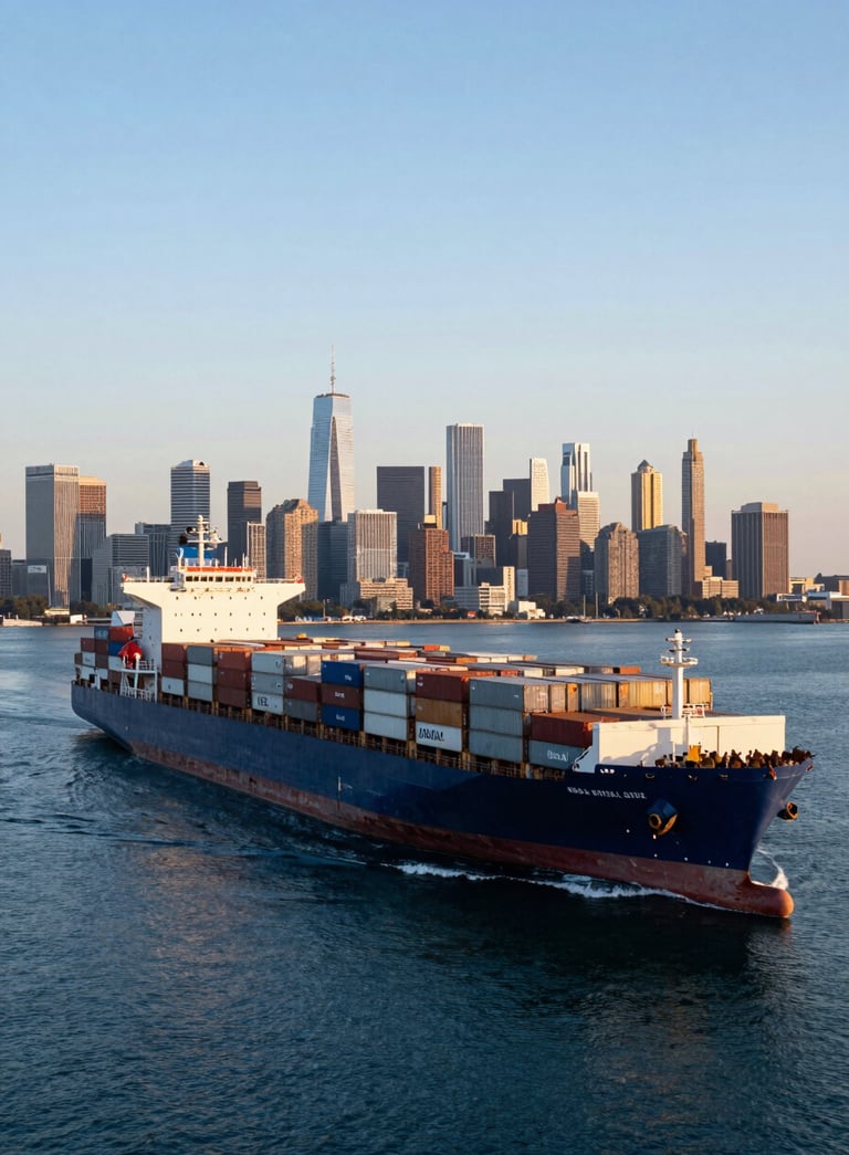 A wide-angle landscape photograph of a massive container ship entering a deep blue harbor in North America, with a backdrop of a modern city skyline at dawn, cool tones of light blue and white, soft morning light.