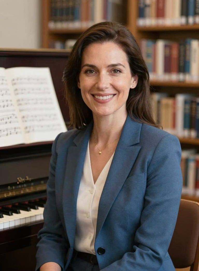 A professional portrait of a woman with a warm, compassionate expression, seated in a bright library setting with musical scores visible on a nearby piano, styled with brand colors #1F3F49 and #527A79.