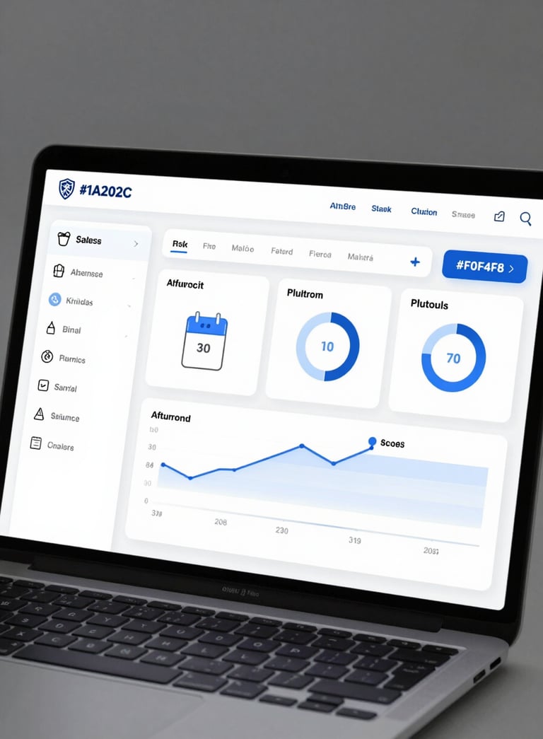A sleek digital dashboard on a tablet showing sales analytics and product management for a sports association, featuring #1A202C and #F0F4F8 interface elements.