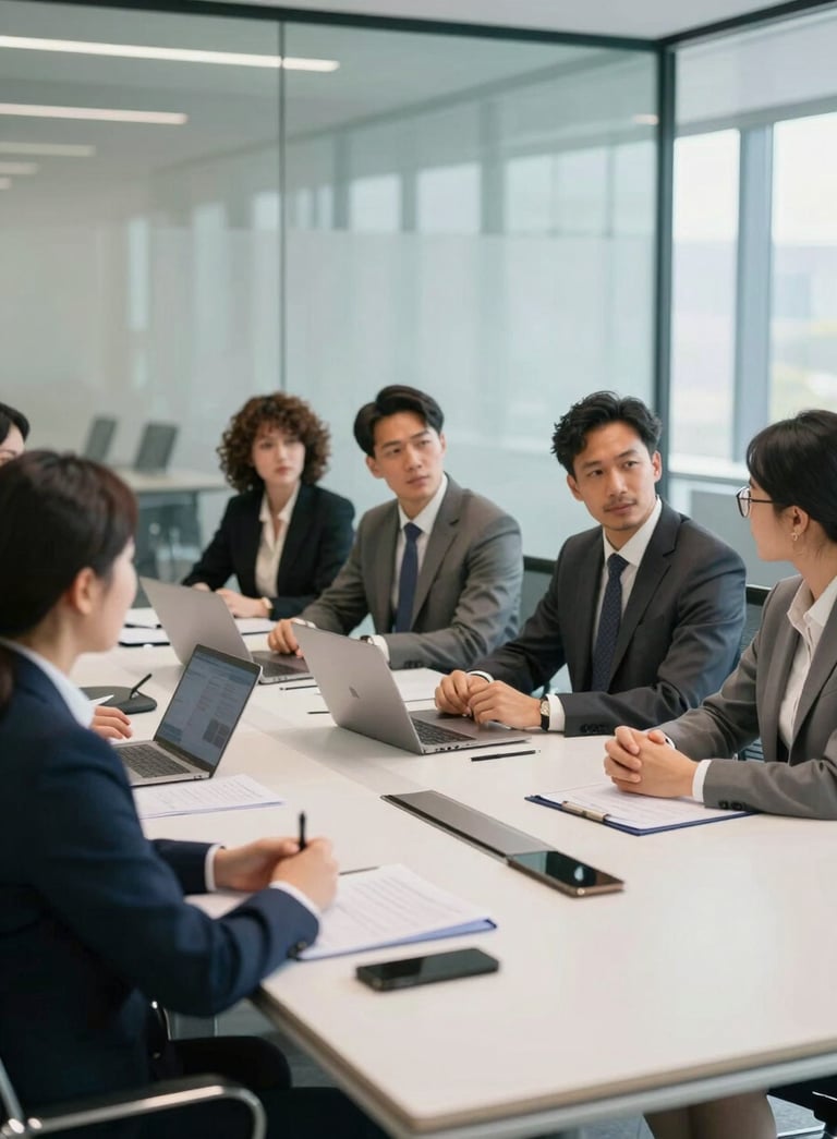 A medium shot of a diverse group of corporate professionals in business attire having a collaborative meeting in a bright, modern glass-walled conference room, North American / International business environment.