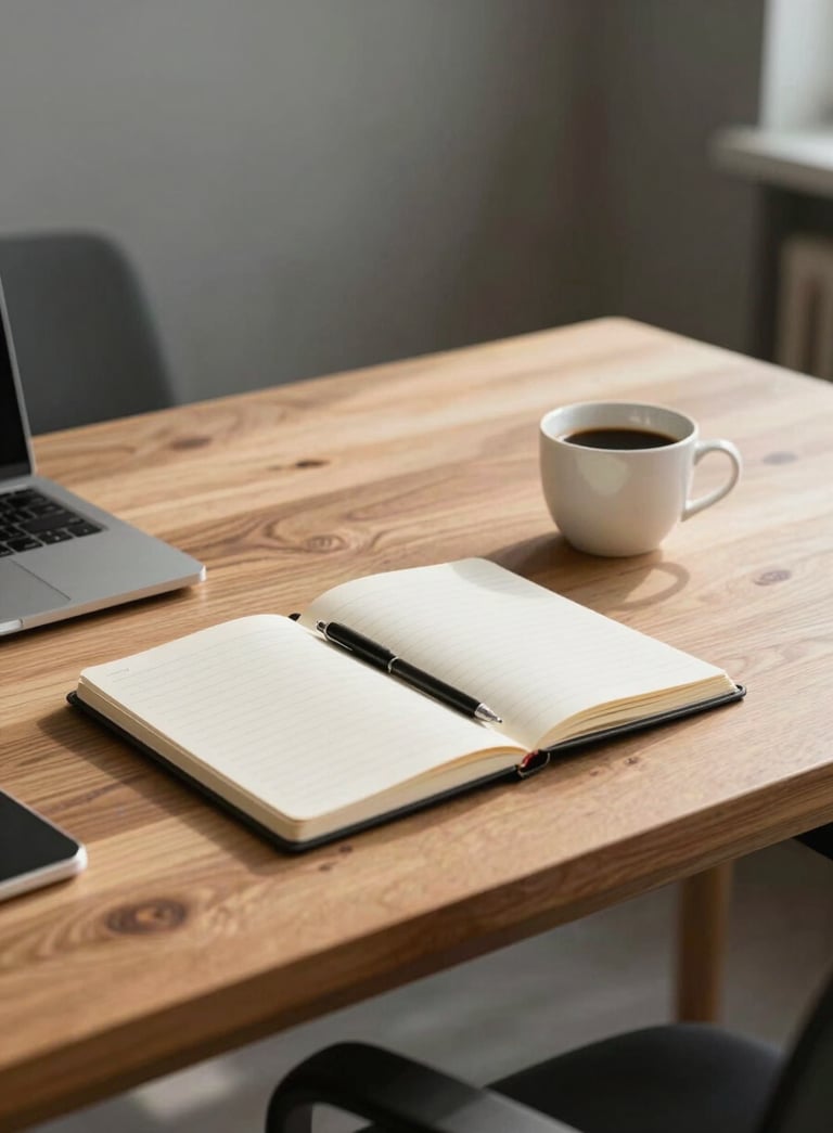 Photography of a clean, organized wooden desk in a North American studio with a cup of coffee and a notebook, soft morning light, conveying a productive and professional mood.