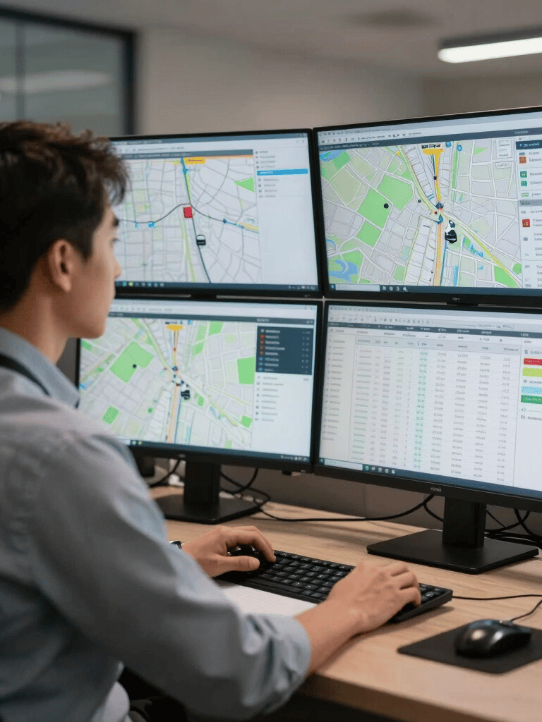 A professional logistics dispatcher in a modern North American office, looking at multiple large monitors showing real-time GPS tracking maps and transport data.