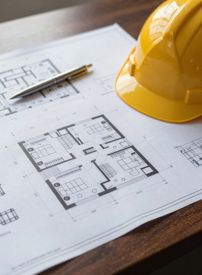 Close-up of high-quality architectural blueprints laid out on a dark mahogany desk. A modern metal pen and a professional hard hat sit beside the plans. Sophisticated, warm indoor lighting highlighting the precision of the drawings. Subtly includes brand colors #A68A6B and #2C3E50.