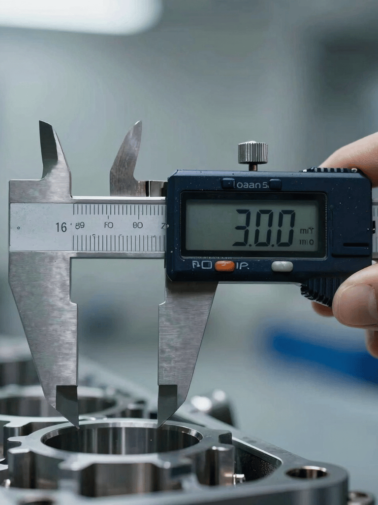 Close-up of a high-precision digital caliper measuring an engine component in a clean South American workshop. Sharp focus, professional industrial lighting, dark navy and grey blue tones.
