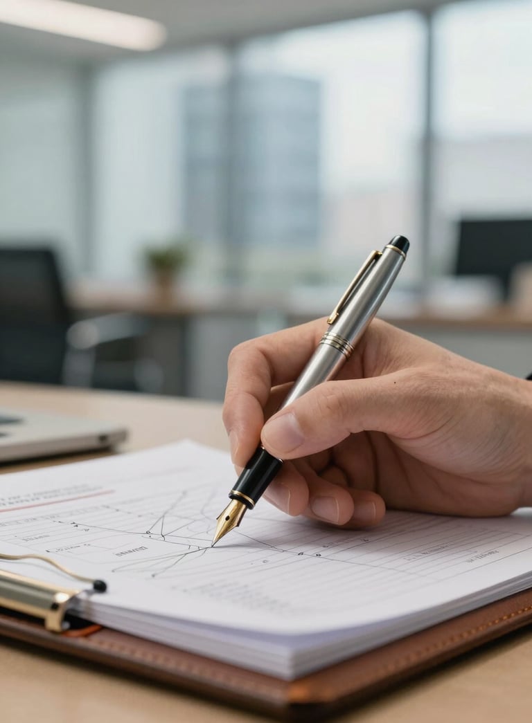 A close-up, shallow depth-of-field photograph of a hand holding a high-end fountain pen over a leather-bound strategic plan. The background is a blurred, bright, modern office in an international city. The lighting is soft and natural.