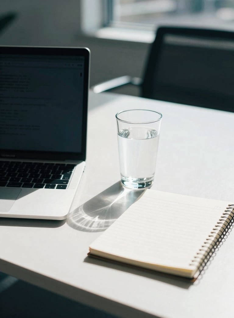 A professional desk setup in a sunlit Bothell, Washington office with a laptop, a clear glass of water, and a simple notebook. North American / US context with soft natural light and colors of white azure and dark teal.